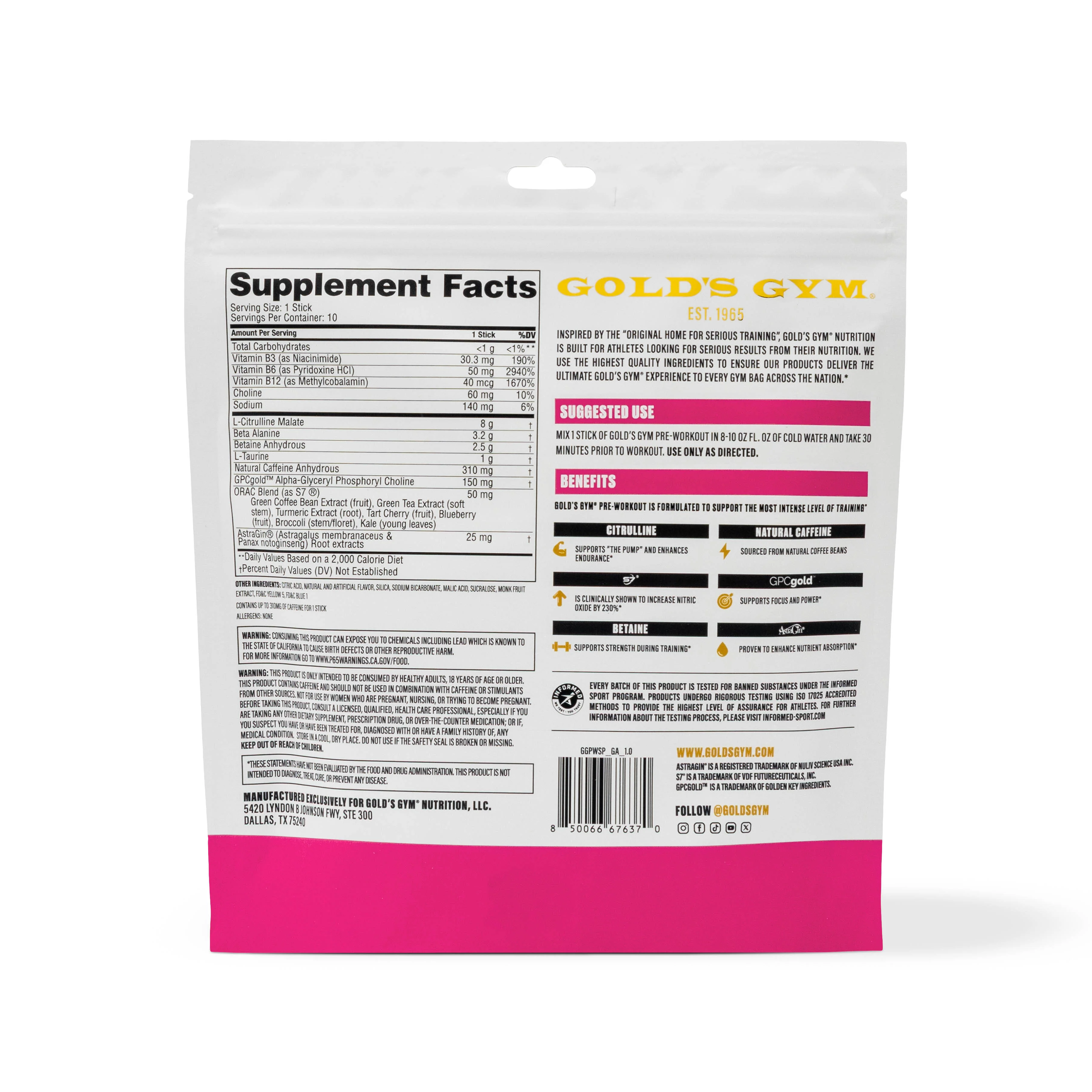Gold's Gym Nutrition Pre-Workout Stick Packs- 10 pack - Image 12