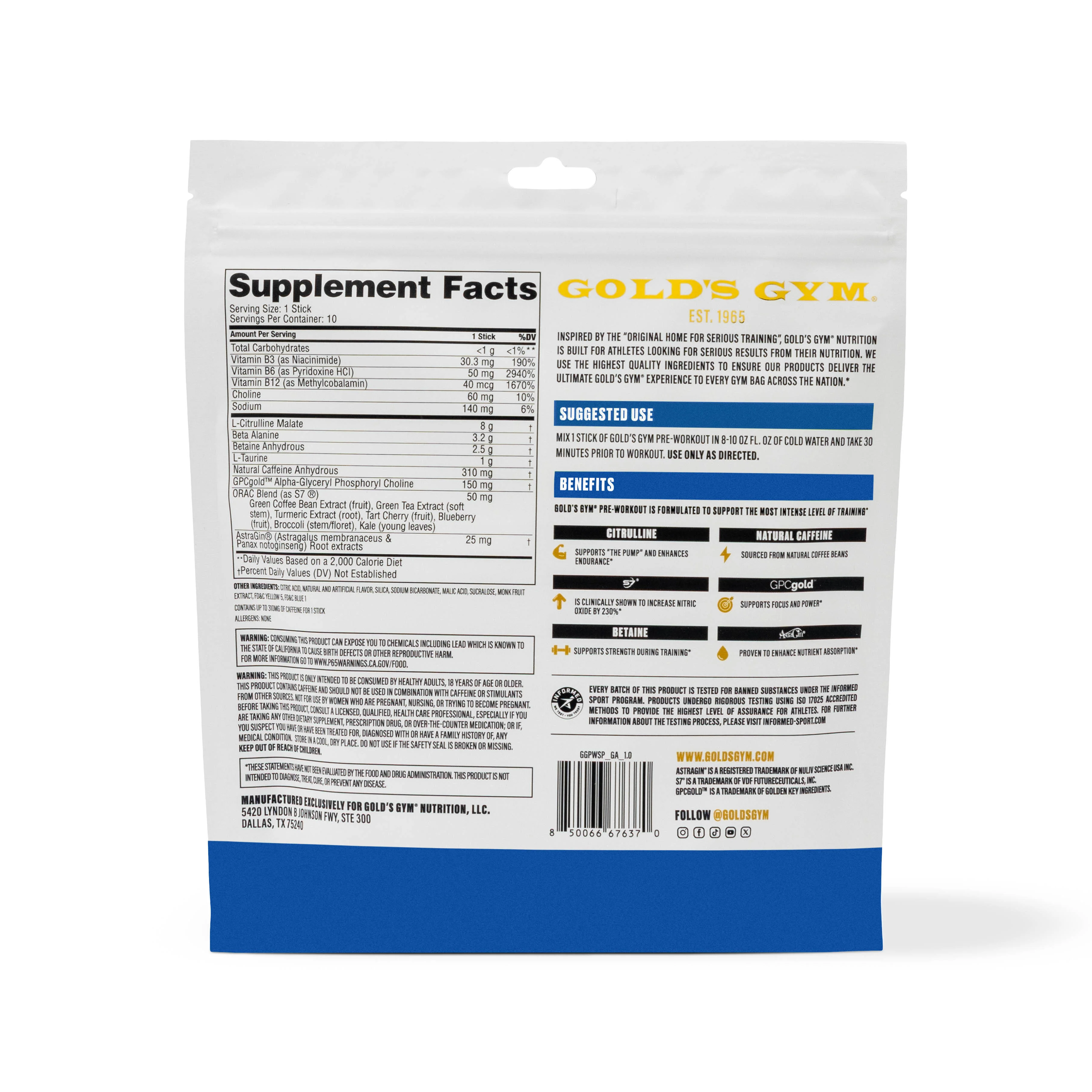Gold's Gym Nutrition Pre-Workout Stick Packs- 10 pack - Image 3