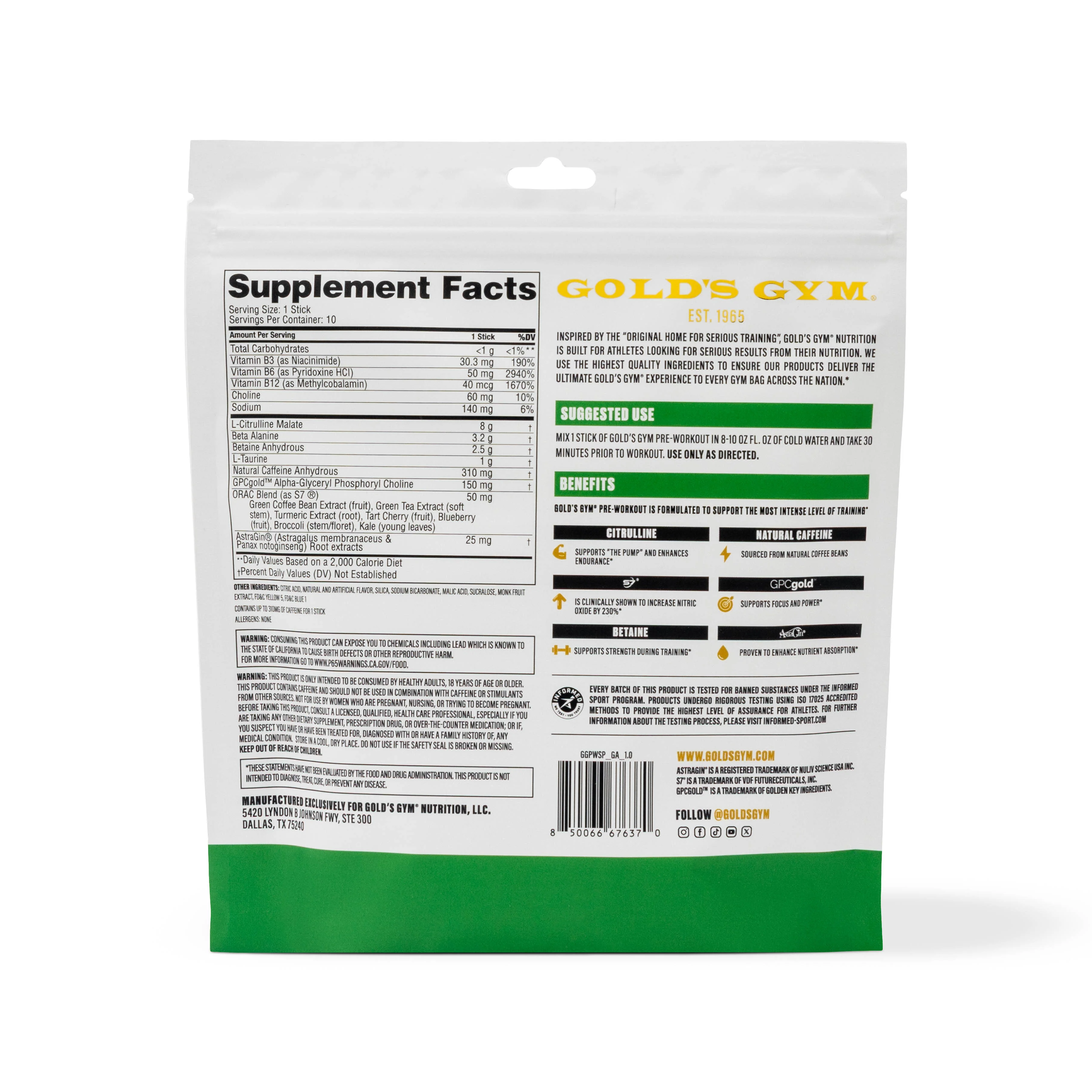 Gold's Gym Nutrition Pre-Workout Stick Packs- 10 pack - Image 5
