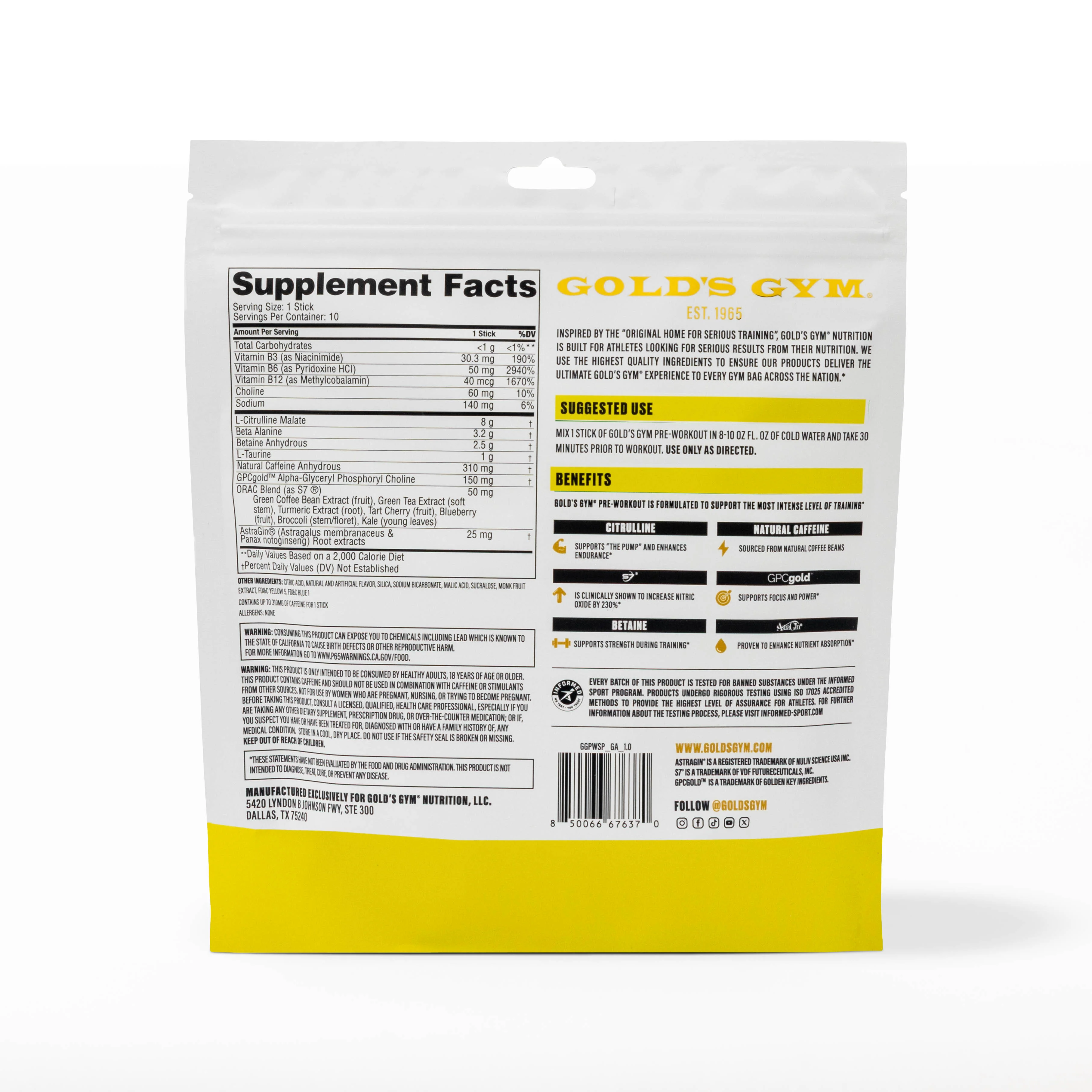 Gold's Gym Nutrition Pre-Workout Stick Packs- 10 pack - Image 8